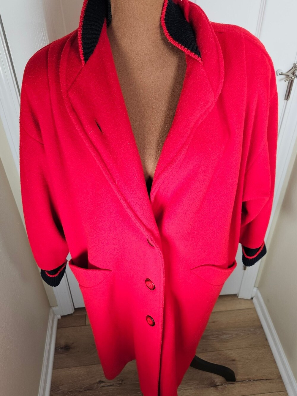 Vintage 80s Portrait Petite Wool Blend Overcoat Red Black Trim Women's Large